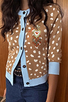 Tan deer print Hollie knit cardigan with light blue ribbed trim and a colourful heart embroidery.