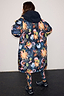 Thumbnail for Navy Charm Coat with a colourful sun and heart print, featuring a dark borg-lined hood and an oversized silhouette.