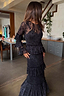 Thumbnail for Black Star Devore Felicity Dress in sheer mesh with velvet stars, moon motifs and tiered ruffles, shown on a model.
