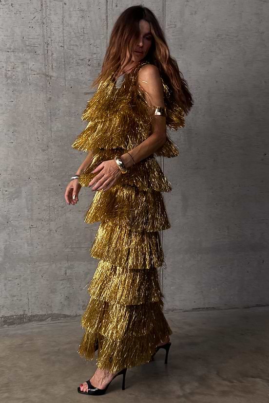 gold fringe dress Beaded With High Slit 48521 This garment runs small Gold Sequin Fringe Dress Voncos