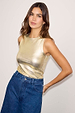 Metallic Gold Ribbed Tank Top in a soft stretch fabric styled with dark blue denim jeans.