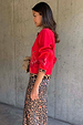 Red Cherry Holly Cardigan with embellished cherry motifs and leopard print trim, paired with a leopard skirt.