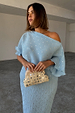 Ice Blue Plisse Tilly Dress with silver flecks and voluminous sleeves, styled with a beaded clutch for inclusive sizing.