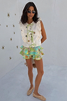 Isla Ruffle Shorts featuring tiered ruffle detailing and lace trim in a hand-painted Balearic print.
