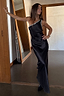 Thumbnail for Black satin Button Kiki Dress with a one-shoulder neckline and white button trim.
