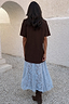 Thumbnail for Chocolate Cara T Shirt Dress featuring a brown cotton top and an attached blue floral lace midaxi skirt.