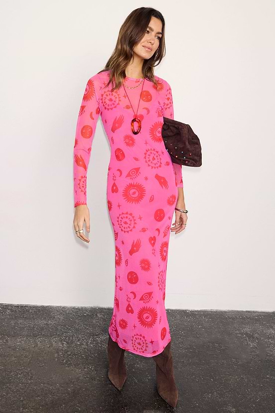 Pink and Red Morocco Mesh Dress featuring red iconic motifs, long sleeves and a midaxi length.