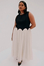 Black and Cream Monika Dress with a corset-style top, scalloped edge and pleated tulle mesh midi skirt for inclusive sizing.