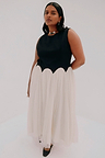 Black and Cream Monika Dress with a corset-style top, scalloped edge and pleated tulle mesh midi skirt for inclusive sizing.