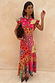 Morocco Remi Dress featuring a multi-colour abstract patchwork print, pleated frill neckline, and a-symmetrical skirt.