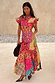 Morocco Remi Dress in a multi-coloured patchwork abstract print with pleated frills and an asymmetrical midi skirt.