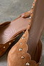 Thumbnail for Tan Suede Scallop City Mules featuring gold studs and scalloped edge detailing.
