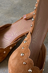 Tan Suede Scallop City Mules featuring gold studs and scalloped edge detailing.