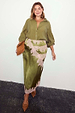 Olive Marley Shirt with pink lace accents, styled with a matching lace midi skirt for inclusive sizing.