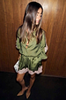 Olive & Pink Lace Shorts in khaki satin with pink lace trim, worn with a matching shirt by a 5ft3’ model in a UK 10/US 6.