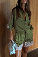 Olive and Pink Lace Shorts in khaki satin with pink lace trim and a drawstring waist, styled with a matching shirt.