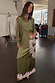 Olive & Pink Lily Skirt in satin with pink lace detailing, styled with the matching lace-sleeve shirt.