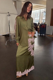 Olive & Pink Lily Skirt in satin with pink lace detailing, styled with the matching lace-sleeve shirt.