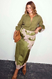Olive & Pink Lily Skirt in olive satin with pink lace trim, styled as a midi with a matching shirt and brown heels.
