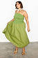 Olive Lola Mid-axi Dress in green cotton with a ruched bodice and full skirt, shown on a curve model.