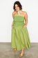 Olive green Lola Mid-axi Dress featuring a ruched bodice and full cotton skirt, designed for inclusive sizing.