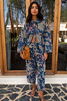 Denim Paisley Belted Shacket and matching jeans in a vibrant blue and pink print, styled as a multi-wear co-ord.