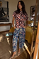Blue Denim Paisley Barrel Leg Jeans with a pink and teal print, styled with a brown check floral top.