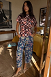 Blue Denim Paisley Barrel Leg Jeans with a pink and teal print, styled with a brown check floral top.