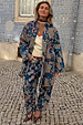 Blue Denim Paisley Barrel Leg Jeans and matching shacket featuring a multi-coloured print for a London street style look.
