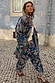 Blue Denim Paisley Barrel Leg Jeans with a pink and green print, styled as a co-ord with a matching shacket.