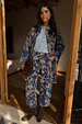 Blue Denim Paisley Barrel Leg Jeans and matching shacket featuring a multi-coloured print.