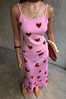 Pink Hearts Knit Tank featuring a red heart print on a pink base, styled as a co-ord with a matching skirt.