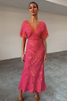 Pink Safari Thea Maxi Dress with gold foil foliage motifs and orange lace trim at the neckline and sleeves.