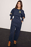 Thumbnail for Navy pinstripe barrel sweatshirt featuring iconic motifs and side darts, styled with matching pinstripe joggers.