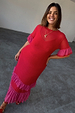 Red and Pink Angelina Dress Petite in sheer mesh with contrast tiered frills on the sleeves and hem.