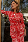 Red Bandana Rib Jersey Top with 3/4 sleeves and white paisley print, styled as a co-ord set.