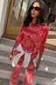 Red Bandana Rib Jersey Top featuring 3/4 sleeves and a white paisley print on a red ribbed fabric.