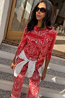 Red Bandana Rib Jersey Top featuring 3/4 sleeves and a white paisley print on a red ribbed fabric.