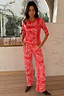 Thumbnail for Red Bandana Rib Jersey Top with a white paisley print and 3/4 sleeves, styled as a co-ord with matching trousers.