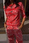 Red Bandana Rib Jersey Top with 3/4 sleeves, styled with matching trousers as a co-ord set.