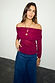 Burgundy Diaz Top featuring an off-the-shoulder mesh design with ruching, styled with dark blue denim.