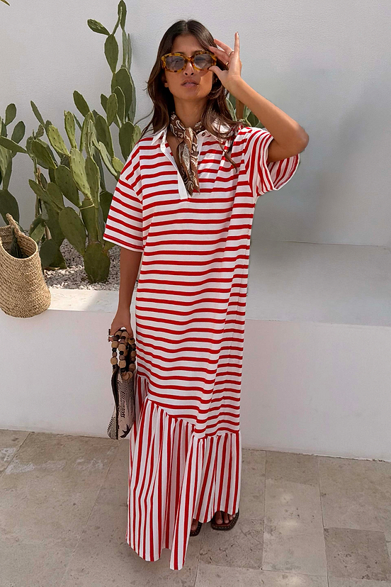 Red Stripe Jersey Dress in cotton jersey with a buttoned neckline and asymmetric gathered skirt.