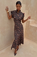 Cherry Leopard Remi Dress with a high neck, pleated frills and an asymmetrical skirt on a model.
