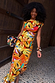 Rio A-Symmetric Top in a jersey fruit print with a gathered waist and asymmetric sleeves, styled as a co-ord.