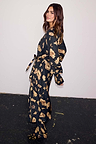 Deloris Satin Robe in black featuring gold hand, heart and eye motifs with a waist tie fastening.