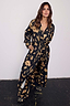 Thumbnail for Black Deloris Satin Robe with gold hand, heart and eye motifs, featuring a waist tie and matching pyjamas.
