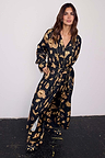 Black Deloris Satin Robe with gold hand, heart and eye motifs, featuring a waist tie and matching pyjamas.