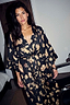 Thumbnail for Deloris Satin Robe in black with hand and heart motifs, featuring a waist tie and wide sleeves.