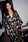Deloris Satin Robe in black with hand and heart motifs, featuring a waist tie and wide sleeves.