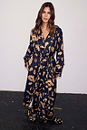 Black Deloris Satin Robe and pyjamas with gold hand motifs, designed in London for feel good dressing.